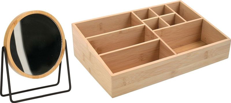 MSV Make-up organizer 9 vaks en luxe spiegel set - 33 x 21 cm - bamboe/metaal - zwart/bruin