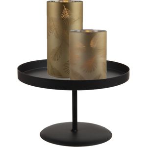LED kaarsen/stompkaarsen - 2x st - goud - bladeren - glas - met zwart kaarsenbord 22 cm