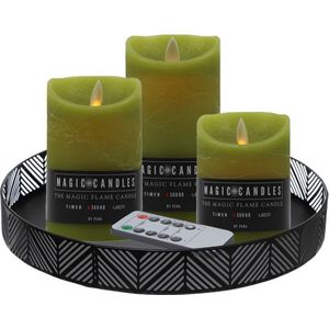LED kaarsen - 3x st - mos groen - met zwart rond dienblad/kaarsenbord 29,5 cm - metaal