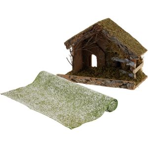Lege kerststal - L32 x B17 x H25 cm - incl. gras ondergrond/achtergrond - besneeuwd