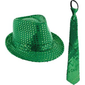 Carnaval verkleed setje - glitter hoedje en stropdas - groen - volwassenen - met pailletten - Verkleedhoofddeksels