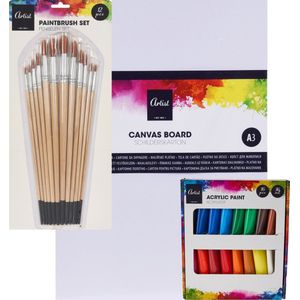 Complete hobby schilderij maken verf set - 2x canvas schildersdoeken van 40 x 30 cm - penselen set - 16 kleuren verf