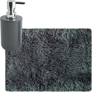 MSV badkamer droogloop tapijt/matje - Langharig - 50 x 70 cm - inclusief zeeppompje in dezelfde kleur - donkergrijs