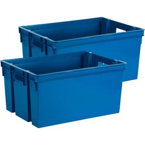 Opbergbox/opbergkrat 50 L - 2x - blauw - kunststof - 56 x 41 x 29 cm - stapelbaar/nestbaar - Opbergbox