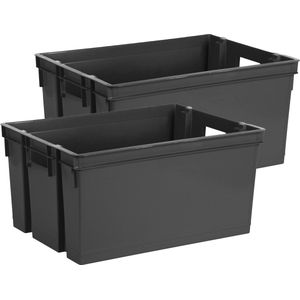 Opbergbox/opbergkrat 50 L - 2x - zwart - kunststof - 56 x 41 x 29 cm - stapelbaar/nestbaar