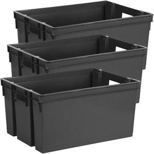 Opbergbox/opbergkrat 50 L - 3x - zwart - kunststof - 56 x 41 x 29 cm - stapelbaar/nestbaar - Opbergbox
