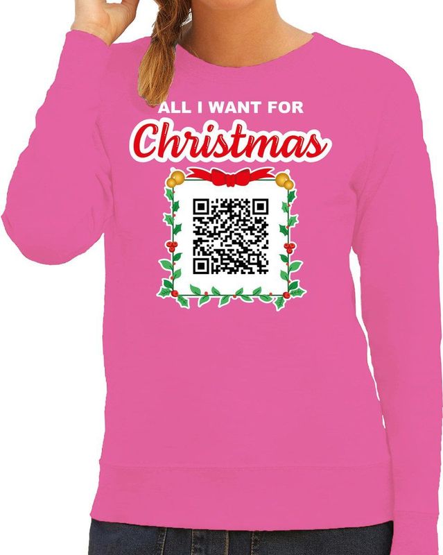 Bellatio Decorations Foute kersttrui/sweater dames - QR code - you naked/jij naakt - roze