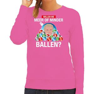 Foute kersttrui/sweater voor dames - meer of minder ballen - Wilders - roze - politiek