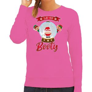 Bellatio Decorations foute kersttrui/sweater dames - Kerstman sneeuwbol - roze - Shake Your Booty S