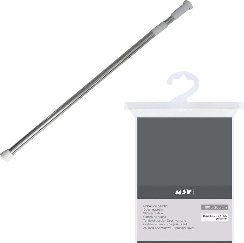 MSV Douchegordijn met ophangstang - uitschuifbaar van 75 tot 125 cm - donkergrijs - 180 x 200 cm - polyester