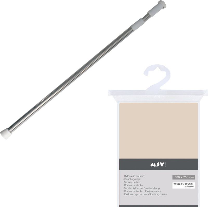 MSV Douchegordijn met ophangstang - uitschuifbaar van 75 tot 125 cm - beige - 180 x 200 cm - polyester