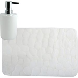 MSV badkamer droogloop mat/tapijt Kiezel motief - 50 x 80 cm - zelfde kleur zeeppompje 260 ml - ivoor wit