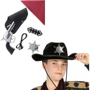 Carnaval Verkleed set - Cowboy hoed zwart met holster/revolver/ster/zakdoek - voor kinderen