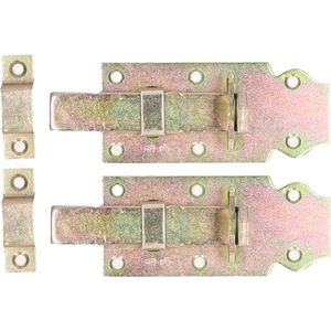 Deltafix schuifslot/hangslotschuif - 2x - 10 x 4.5cm - geel verzinkt staal - deur - schutting - hek