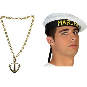 Carnaval verkleed Matrozen hoedje - wit - met gouden anker ketting - volwassenen - accessoires set