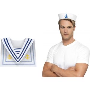 Carnaval verkleed Matrozen hoedje - wit/blauw - met matrozen kraag - volwassenen - accessoires set