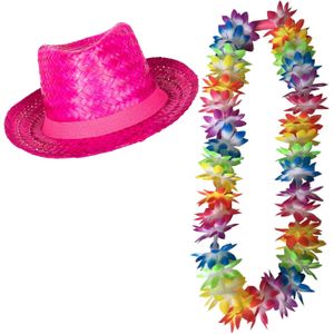 Tropische Hawaii party verkleedset - roze strohoedje - en LED lichtjes bloemenkrans