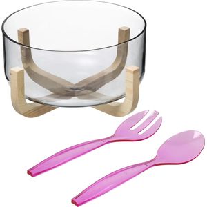 Secret de Gourmet Saladekom/serveerschaal - glas - plastic slacouvert roze - Dia 24 cm