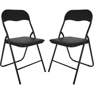 Home & Styling Klapstoel met kunstleer zitting - 2x - zwart - 40 x 38 x 88 cm - metaal - Bijzet stoelen - Inklapbaar