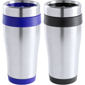 Warmhoudbekers/thermos isoleer koffiebekers/mokken - 2x stuks - RVS - zwart en blauw - 450 ml