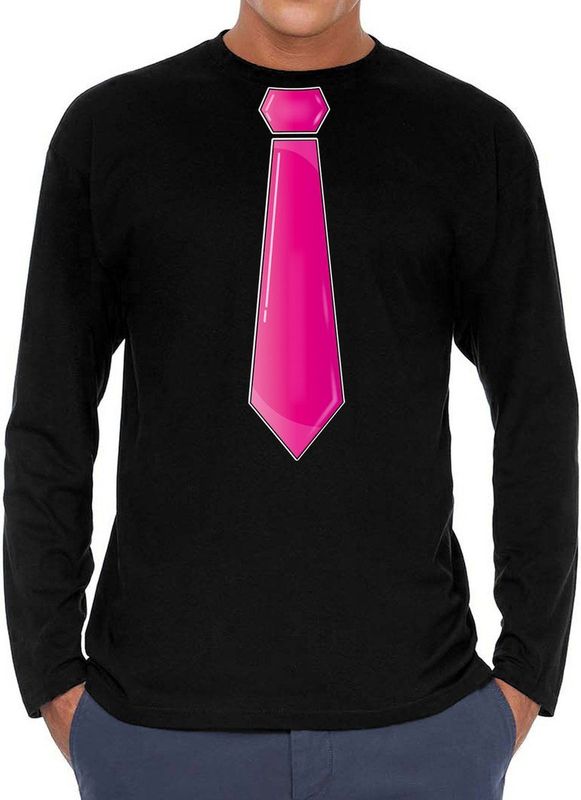 Bellatio Decorations Verkleed shirt voor heren - stropdas roze - zwart - carnaval - foute party