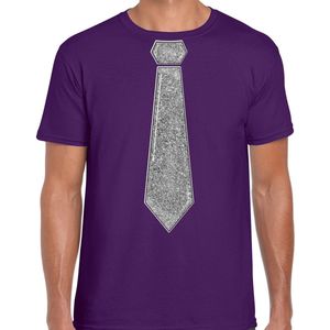 Bellatio Decorations - Verkleed Shirt - Paars - Katoen - Stropdas Glitter Zilver