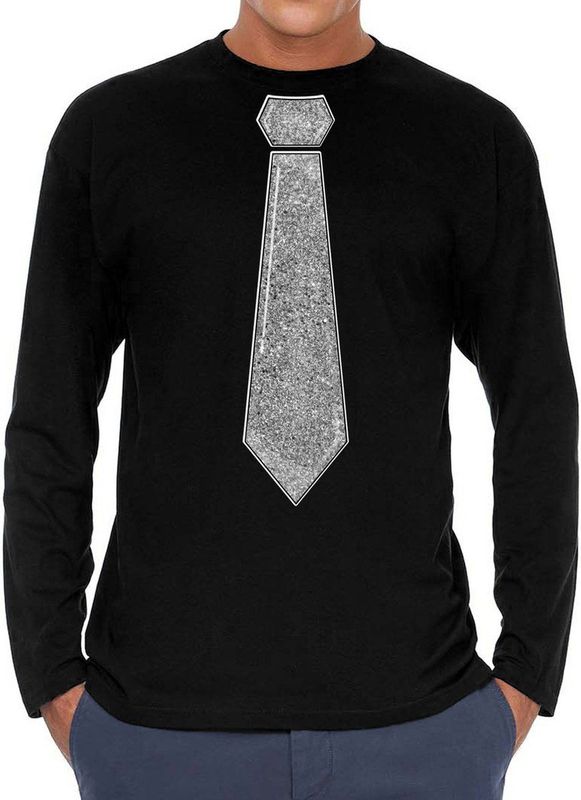 Bellatio Decorations Verkleed shirt heren - stropdas glitter zilver - zwart - carnaval - longsleeve