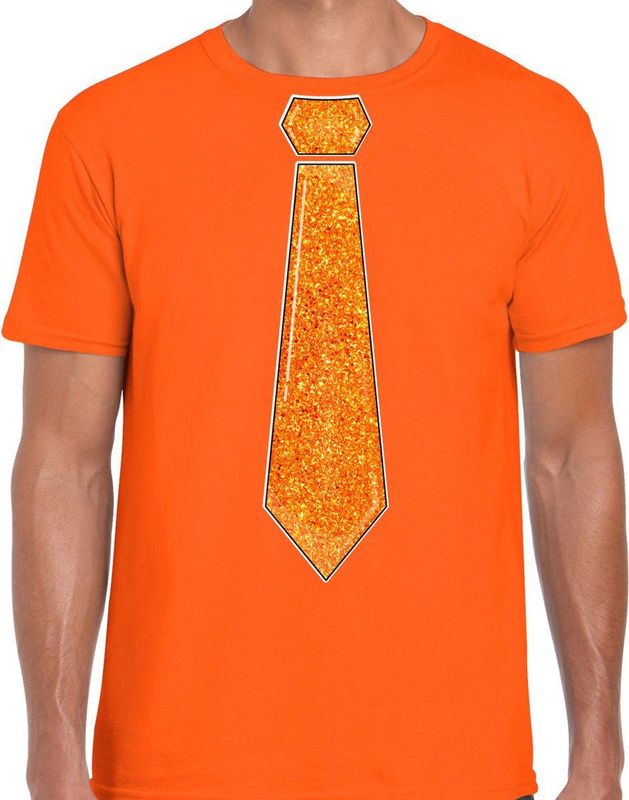 Verkleed t-shirt voor heren - stropdas glitter oranje - oranje - carnaval - foute party