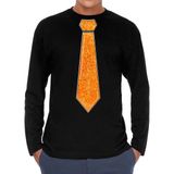 Bellatio Decorations Verkleed shirt heren - stropdas glitter oranje - zwart - carnaval - longsleeve