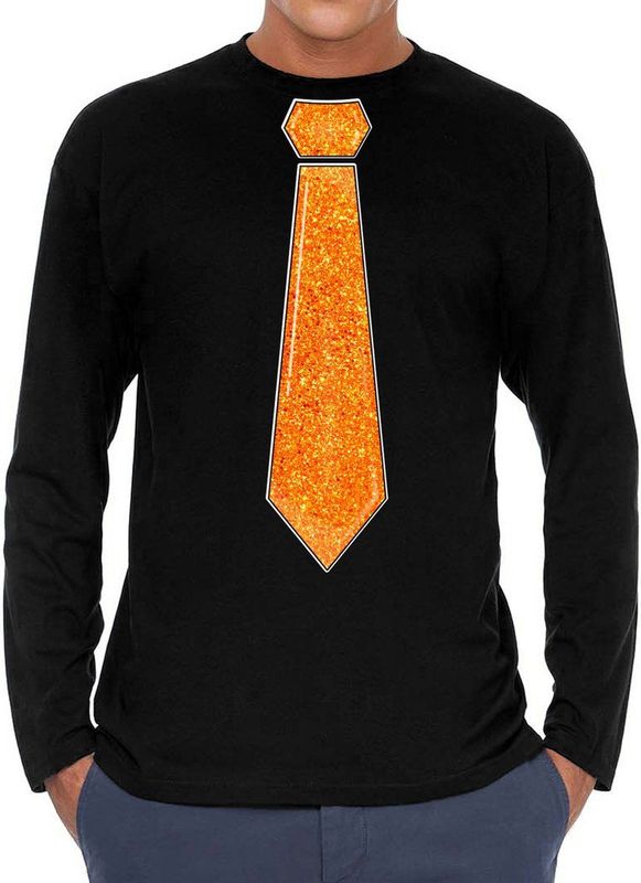 Bellatio Decorations Verkleed shirt heren - stropdas glitter oranje - zwart - carnaval - longsleeve