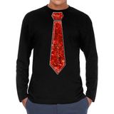 Bellatio Decorations Verkleed shirt heren - stropdas pailletten rood - zwart - carnaval -longsleeve