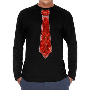 Bellatio Decorations Verkleed shirt heren - stropdas pailletten rood - zwart - carnaval -longsleeve