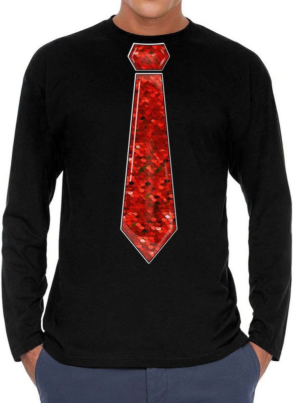 Bellatio Decorations Verkleed shirt heren - stropdas pailletten rood - zwart - carnaval -longsleeve