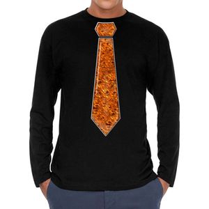 Bellatio Decorations - Verkleed Shirt - Zwart - Longsleeve - Stropdas Paillet Oranje