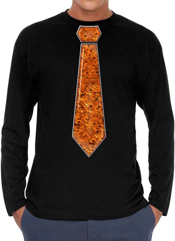 Bellatio Decorations - Verkleed Shirt - Zwart - Longsleeve - Stropdas Paillet Oranje