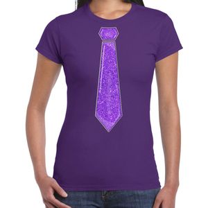 Bellatio Decorations Verkleed shirt dames - stropdas glitter paars - paars - carnaval - foute party