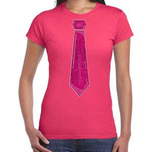 Bellatio Decorations Verkleed shirt dames - stropdas glitter roze - roze - carnaval - foute party