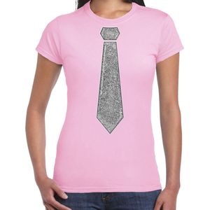 Bellatio - Verkleed Shirt - Licht Roze - Stropdas Glitter Zilver - Dames