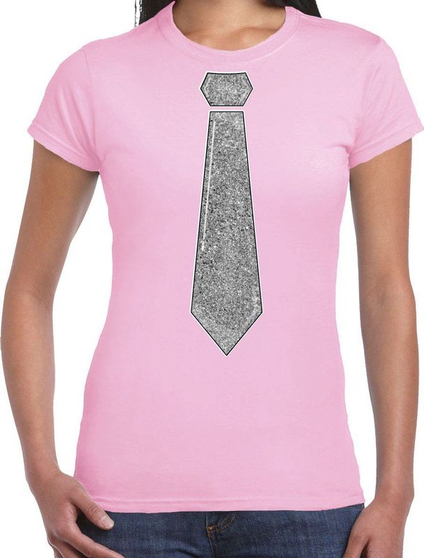 Bellatio - Verkleed Shirt - Licht Roze - Stropdas Glitter Zilver - Dames