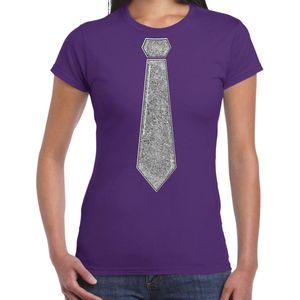 Bellatio Decorations Verkleed shirt dames - stropdas glitter zilver - paars - carnaval - foute party L