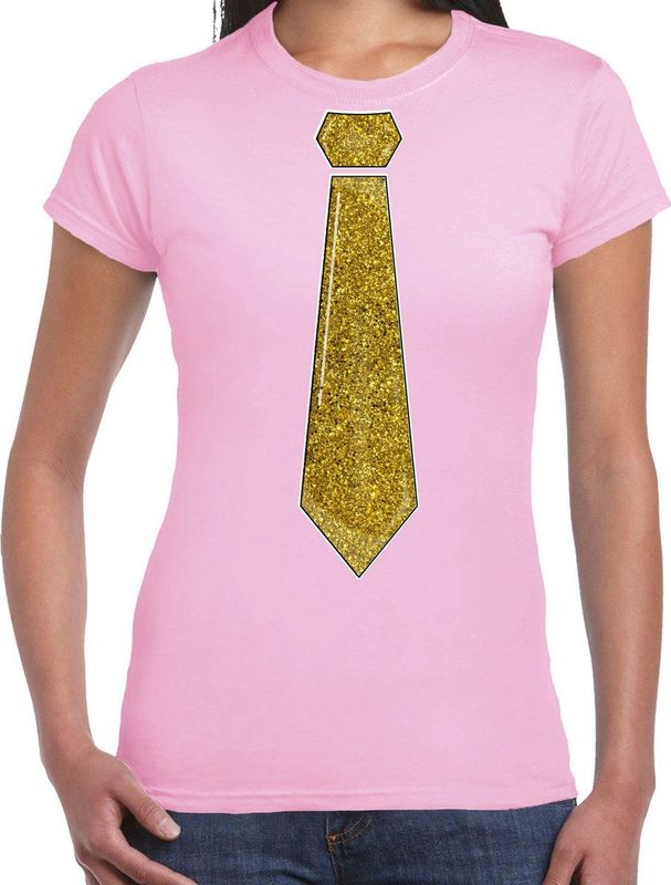 Bellatio - Verkleed Shirt Dames - Licht Roze - Stropdas Glitter Goud - Carnaval