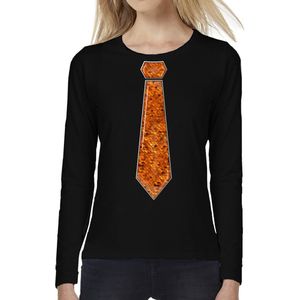 Bellatio Decorations Verkleed shirt dames - stropdas paillet oranje - zwart - carnaval - longsleeve
