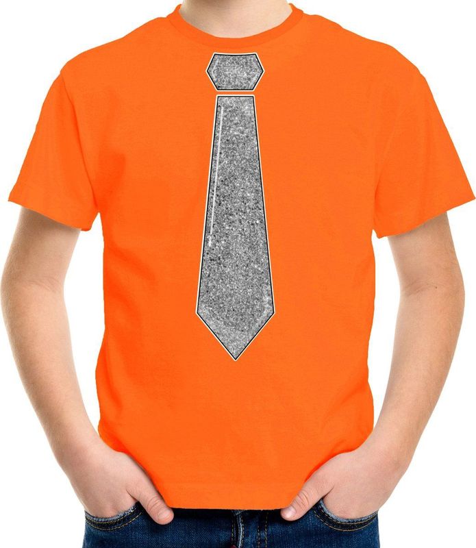 Bellatio - Verkleed T-shirt - Oranje - Glitter Stropdas - Carnaval
