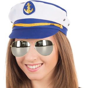 Carnaval verkleed pet kapitein/zeeman - blauw/wit - volwassenen - one size - incl. bril - Verkleedhoofddeksels