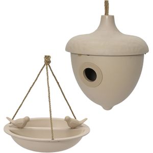 Decoris Vogelhuisje en voederschaal/vogelbadje - beige - bamboe - nestkastje