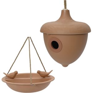 Vogelhuisje en voederschaal/vogelbadje - terracotta - bamboe - nestkastje