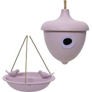 Vogelhuisje en voederschaal/vogelbadje - lila paars - bamboe - nestkastje - Vogelvoederhuisjes