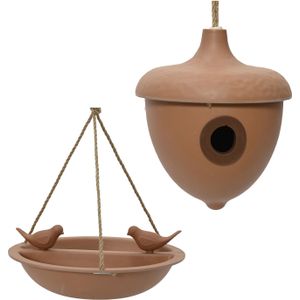 Decoris Vogelhuisje en voederschaal/vogelbadje - bruin - bamboe - nestkastje