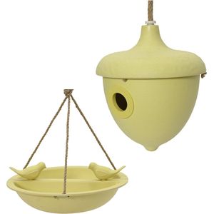 Vogelhuisje en voederschaal/vogelbadje - geel - bamboe - nestkastje
