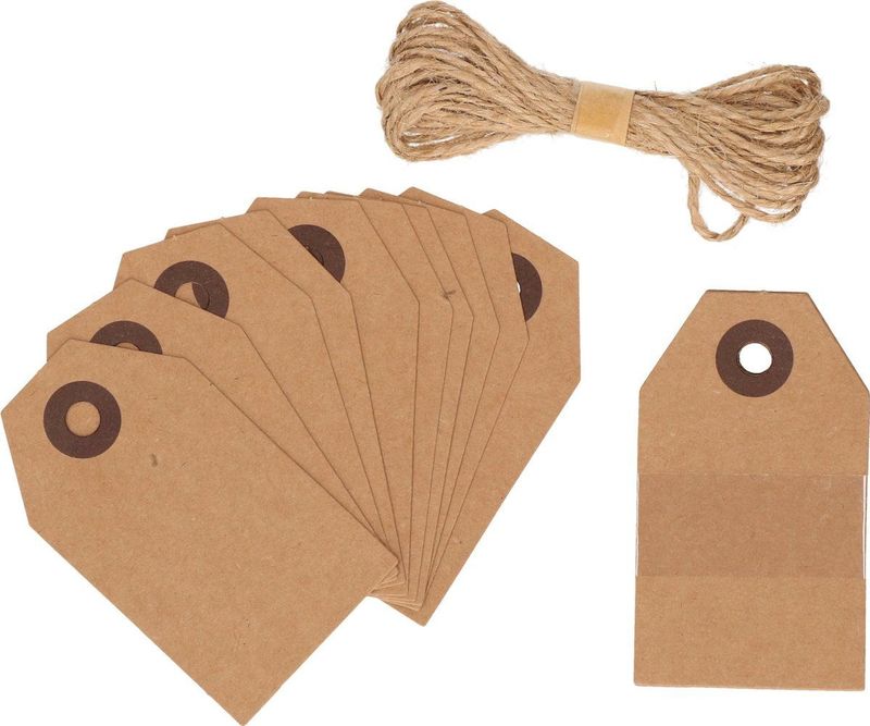 Cadeau tags/labels - kraftpapier/karton - 80x stuks - aan jute touw - 7.5 x 4.5 cm - Cadeauversiering